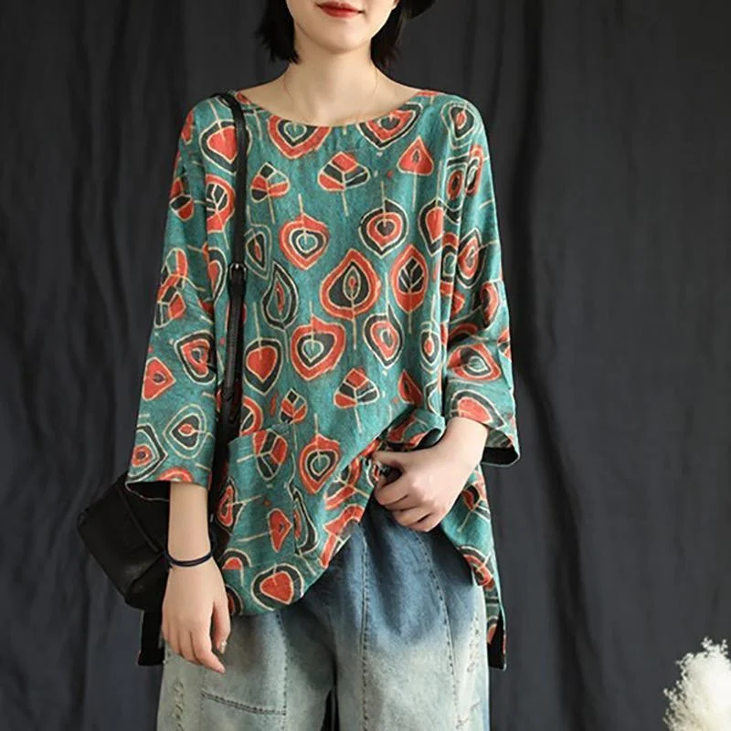 Retro Casual Print Blouse 100% Linen T-Shirt