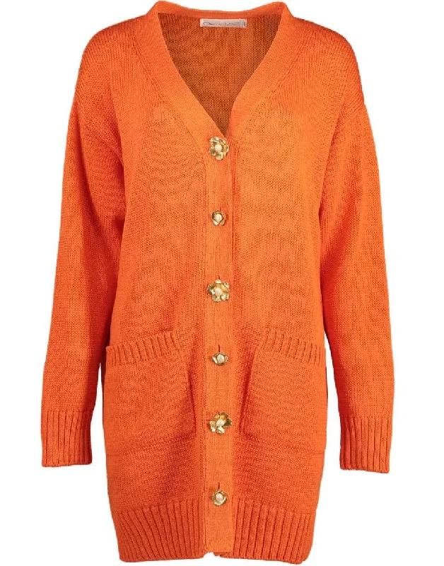 Flower Button Persimmon Long Sleeve Cardigan