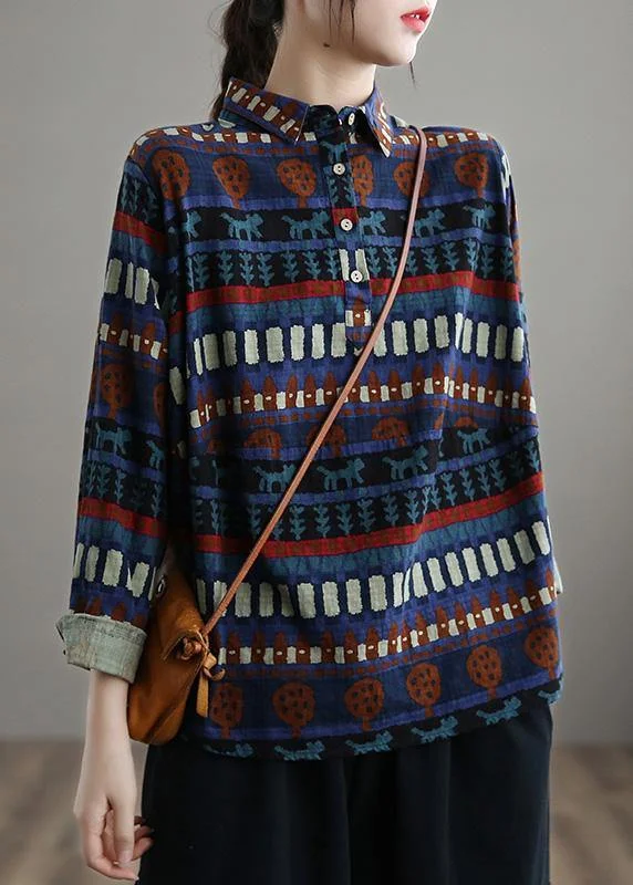 Elegant Lapel SpringTop Work Blue Ethnic Style Shirt