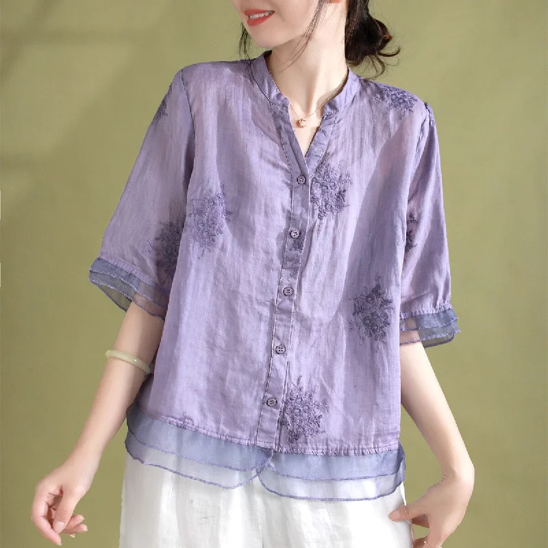 Women Retro Embroidery Loose Patchwork Blouse