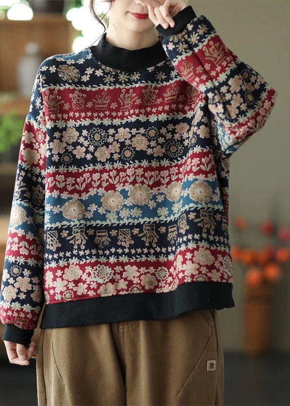 Winter Retro Cotton Printed Floral with Velvet Sweatshirt