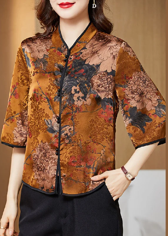 Yellow Print Silk Shirt Tops Stand Collar Button Half Sleeve