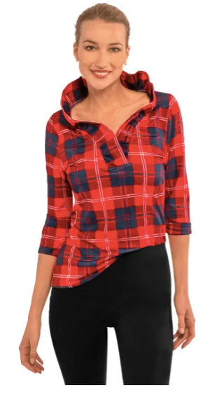 Red Middleton Plaid Ruffle Neck Top