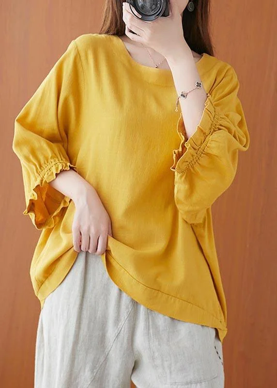 Women Yellow Ruffled Cotton Summer Shirt Top