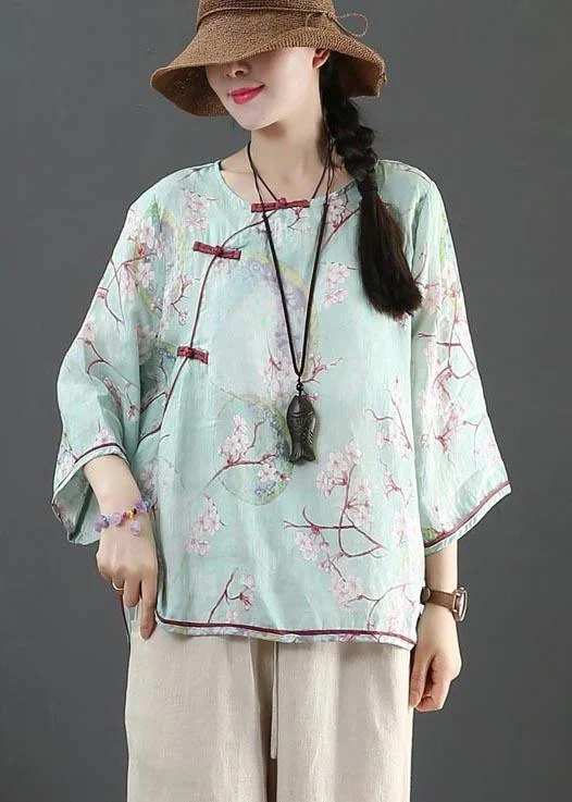 Organic Blue Print Linen Half Sleeve Top Summer