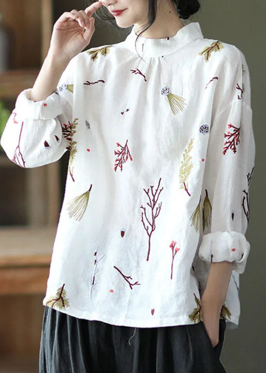 White Floral Linen Stand Collar Shirt Top Long Sleeve