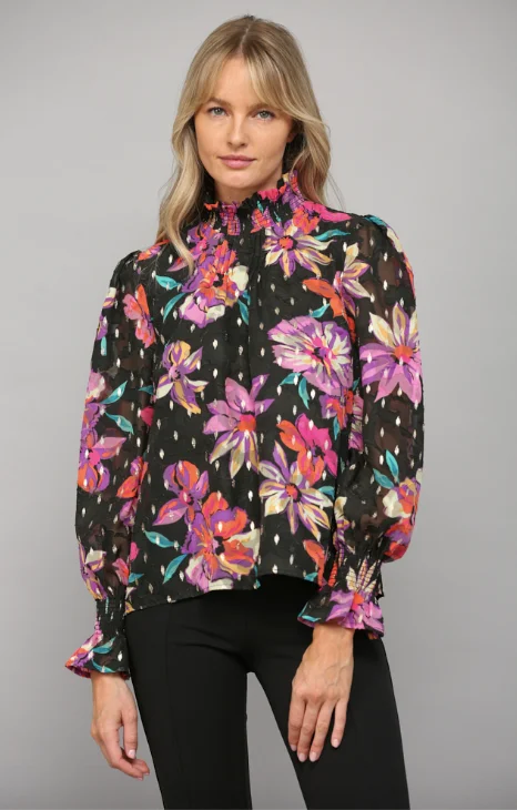 Floral Print Chiffon High Neck Blouse