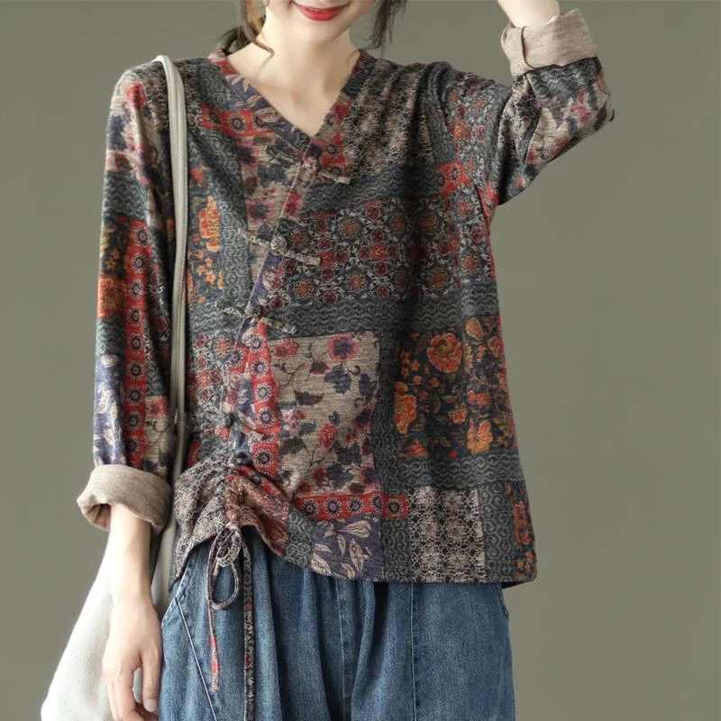 Vintage Floral Print Drawstring Cotton Blouse Summer