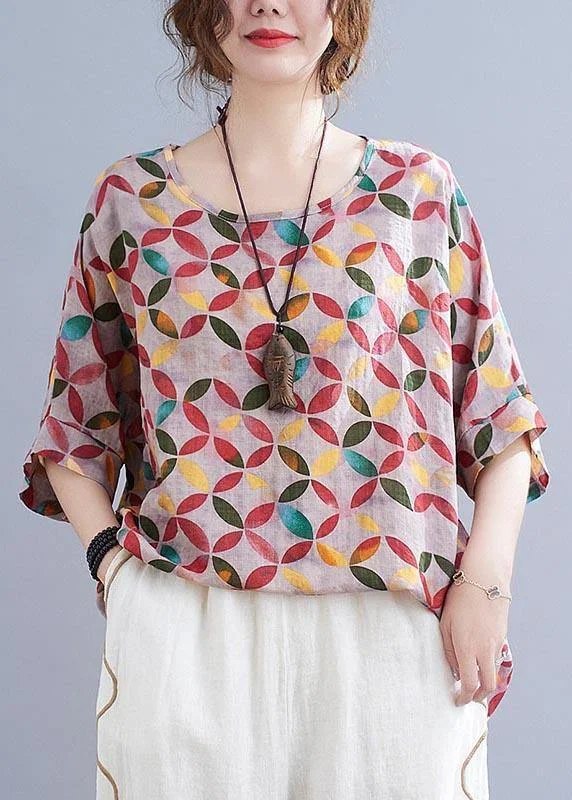 Chic Red Print Half Sleeve Cotton Linen Summer Shirt