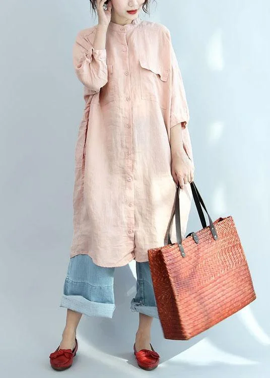 Modern Pink Asymmetrical Design Pockets Button Fall Three Quarter Sleeve Blouse Tops