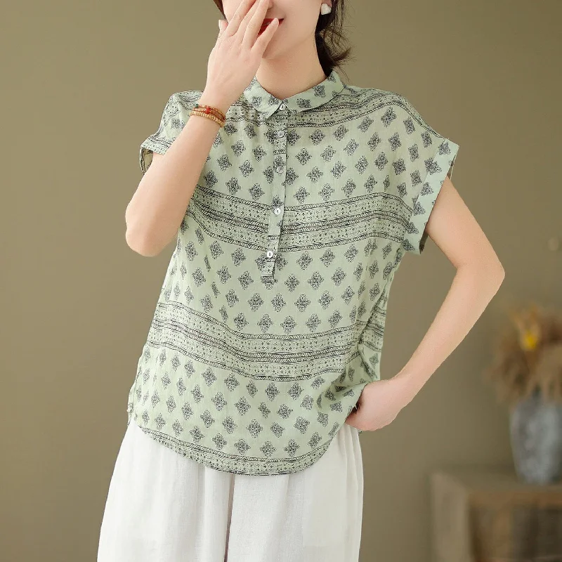 Women Summer Retro Print Linen Minimalist Tops