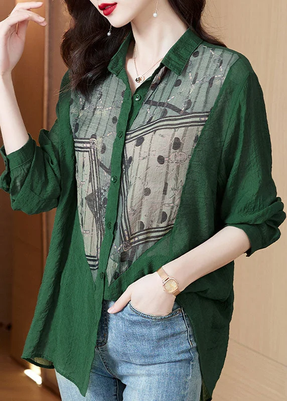 Elegant Green Peter Pan Collar Print Patchwork Cotton Blouses Long Sleeve