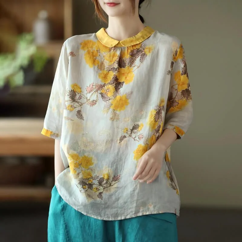 Vintage Casual Floral Print Breasted Linen Shirt