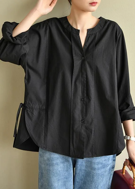 Natural Button Down Black V Neck Tops