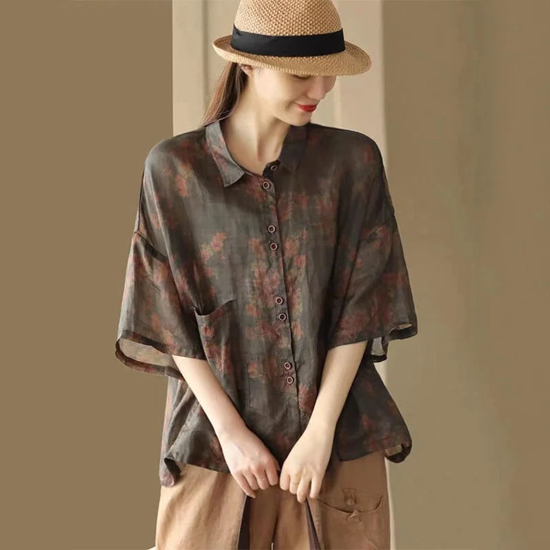 Casual Summer Retro Floral Print Linen Blouse