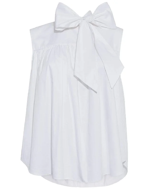 Bow Neck Tie Shirred Poplin Top