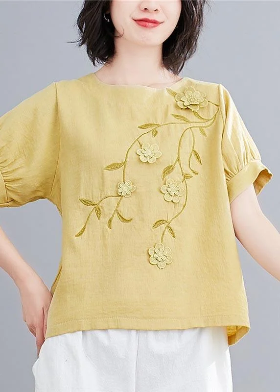 Modern Yellow Embroideried Floral Cotton Linen Blouse Tops Summer