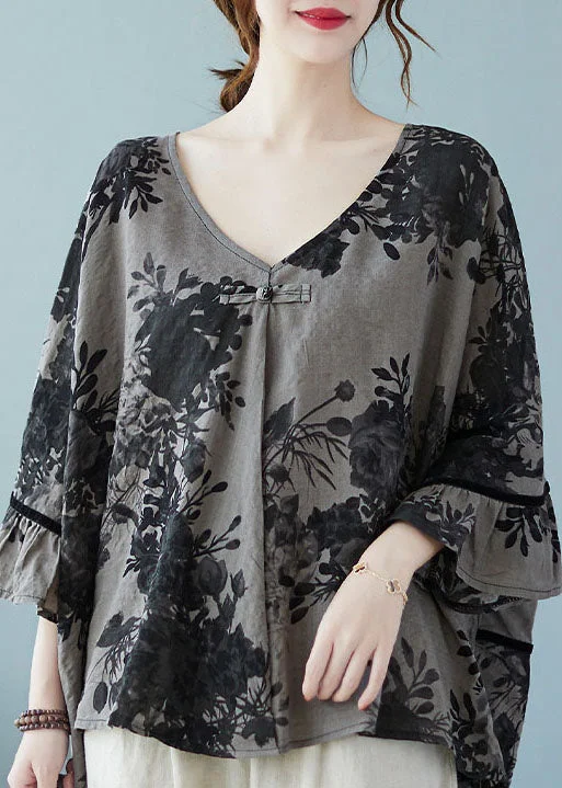 Plus Size black button V Neck print Blouses flare sleeve