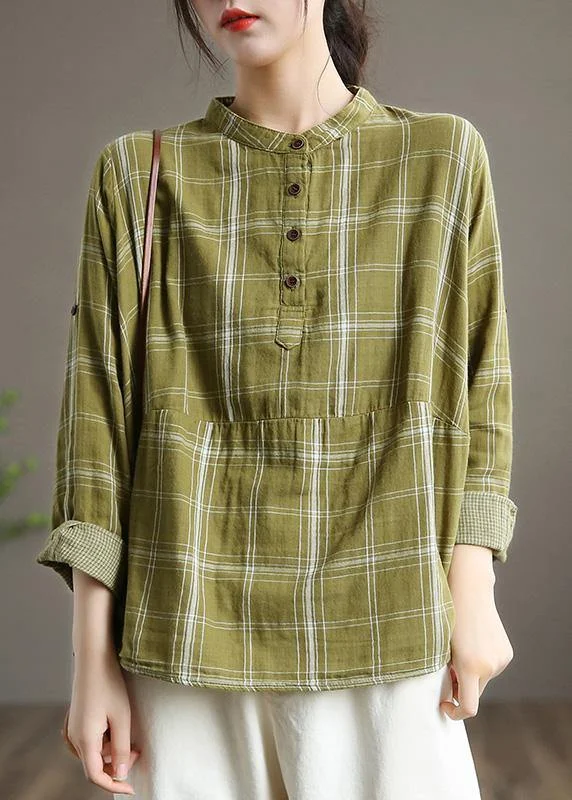 Women Green Stand Collar Art Spring Shirt Plaid Clothes For Women