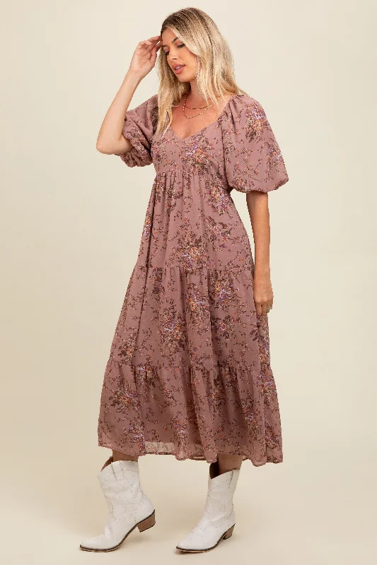 Mauve Floral Tiered Puff Sleeve Maxi Dress