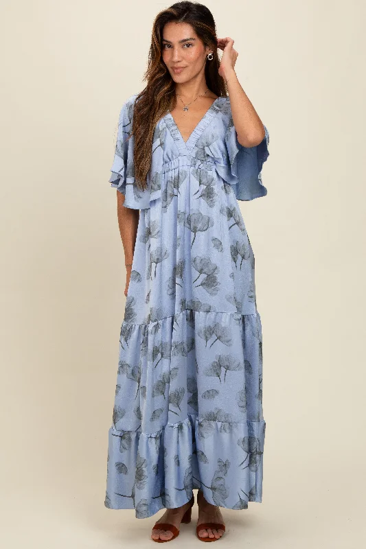 Light Blue Floral Deep V-Neck Maxi Dress