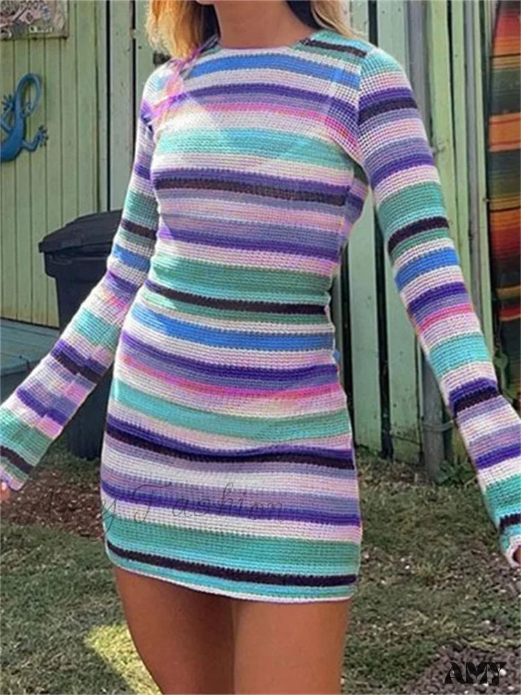 Amy Fashion - Long Sleeve Casual Striped Backless Fall Party Mini Dress