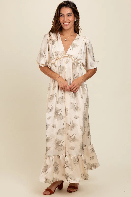 Cream Floral Chiffon Ruffle Accent Maxi Dress