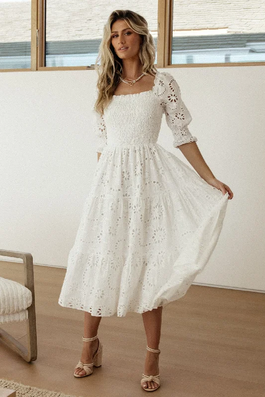 Ella Eyelet Midi Dress | White