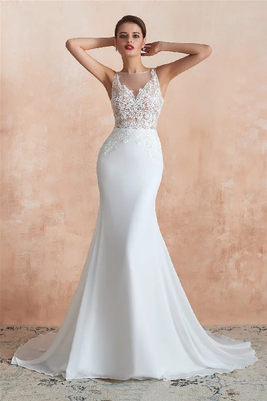 Sexy Long Mermaid See-Through White Wedding Dress with Lace Top