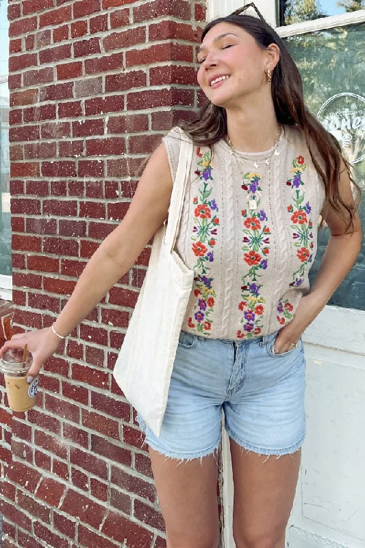 Oatmeal Embroidered Sleeveless Knit Tank Top