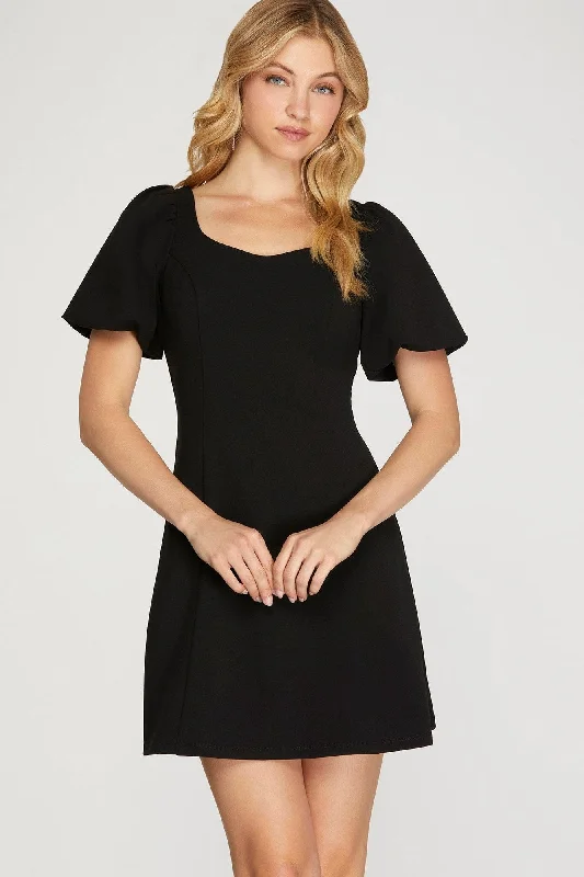 Black Short Sleeve Flare Mini Dress