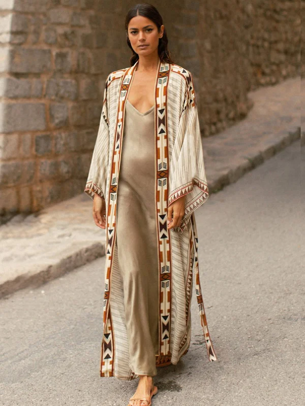 Sixsr Geo Print Open Front Belted Kimono, Boho Long Sleeve Beachwear Cove Up, Women's Clothing