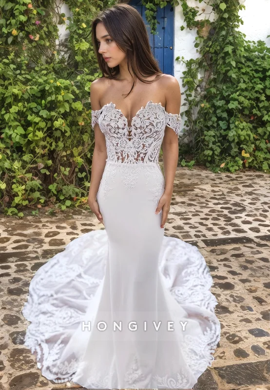 Chic Trumpet Off-Shoulder Lace Applique With Train Wedding Dress