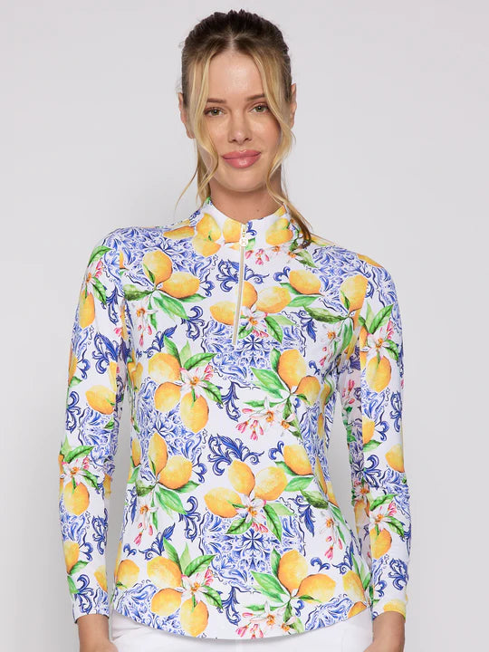 G Lifestyle Long Sleeve Print Zip Mock Neck Top - Blue Lemon