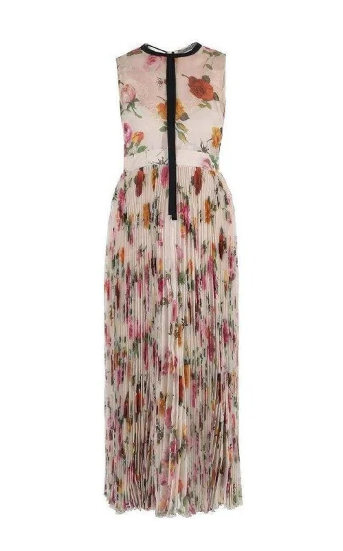 Floral Patterned Pleated Silk Dress