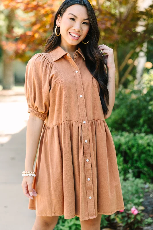 Well Known Cinnamon Brown Denim Babydoll Dress