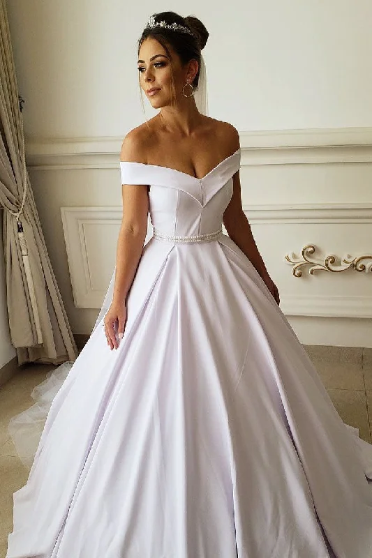 Princess A-line Off the Shoulder White Wedding Dress with Beads