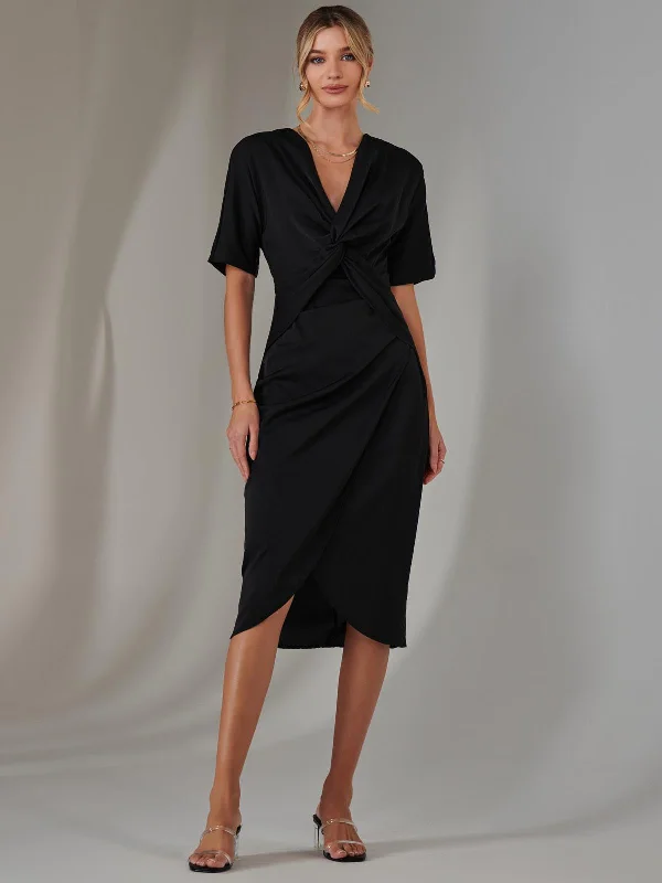 Plain Twist Front Tulip Midi Dress, Black