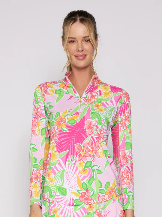 G Lifestyle Long Sleeve Print Zip Mock Neck Top - Island Pink