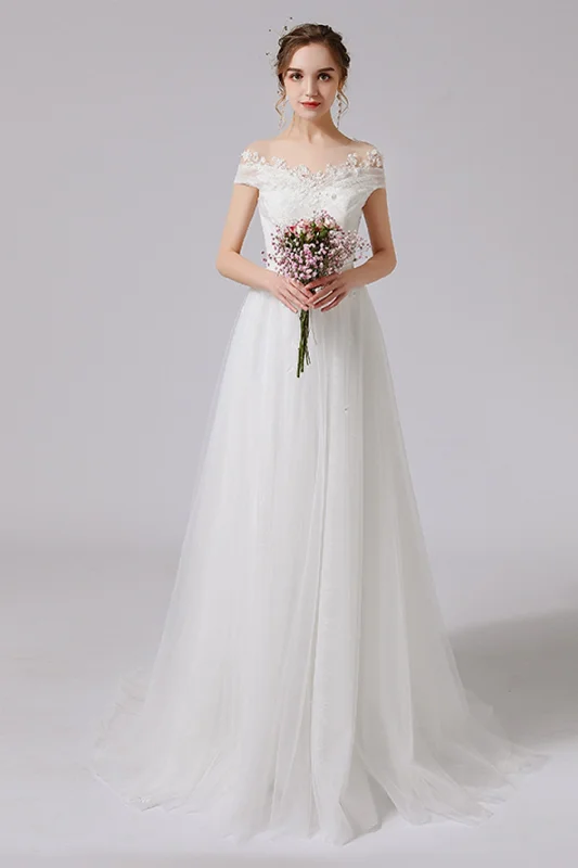 A-Line Sweep-Brush Train Lace Tulle Wedding Dress CW2711