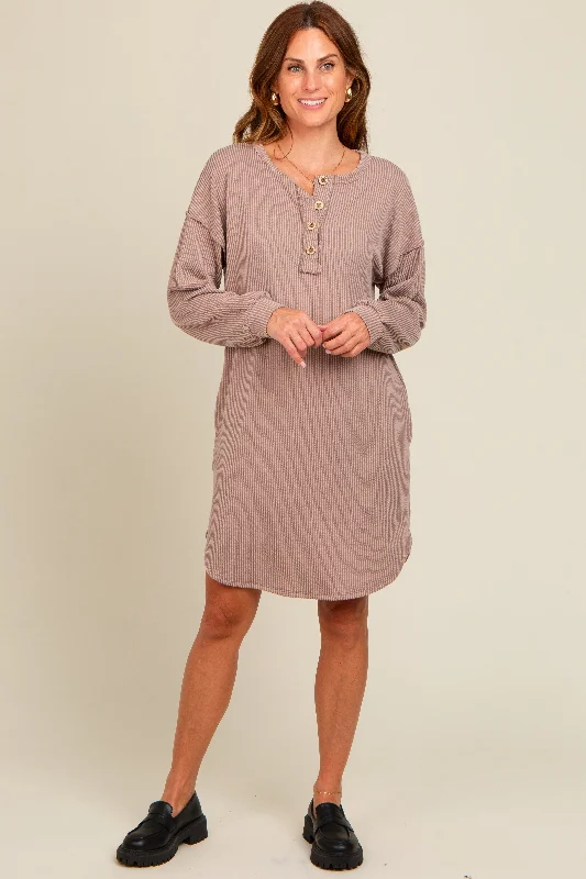 Mocha Ribbed Button Accent Dress