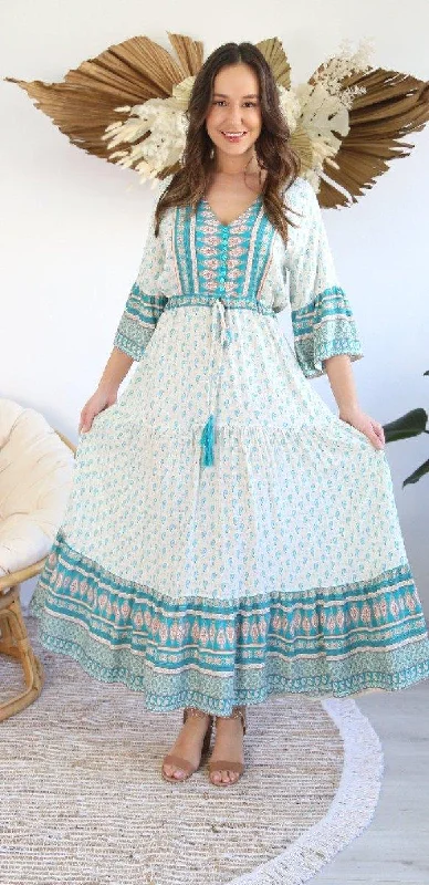 Salty Bright Cream And Turquoise Boho Dress