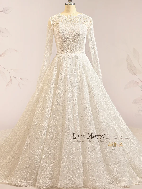 ARINA / A Line Lace Wedding Dress with Long Sleeves