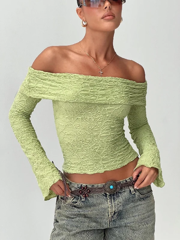 Back With Love Off Shoulder Long Sleeve Top Green