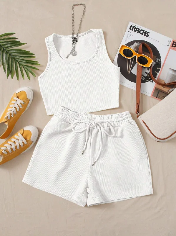 BASICS Ribbed Crop Top & Drawstring Shorts Set