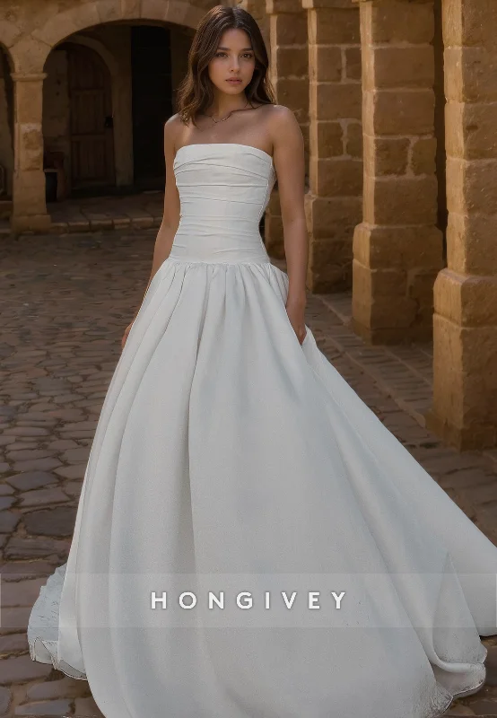 Simple Satin A-Line Strapless Sleeveless With Train Wedding Dress