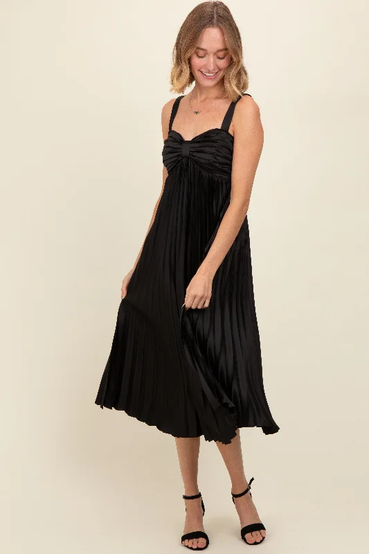 Black Satin Pleated Sweetheart Midi Dress