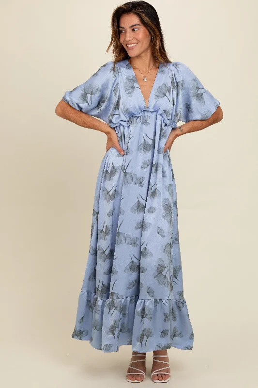 Blue Floral Chiffon Ruffle Accent Maxi Dress