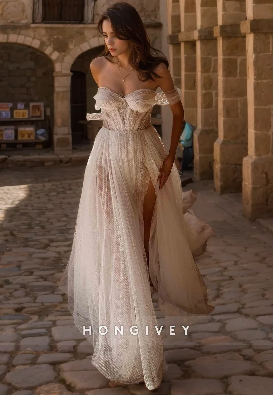 Sheer Tulle A-Line Off-Shoulder With Side Slit Wedding Dress