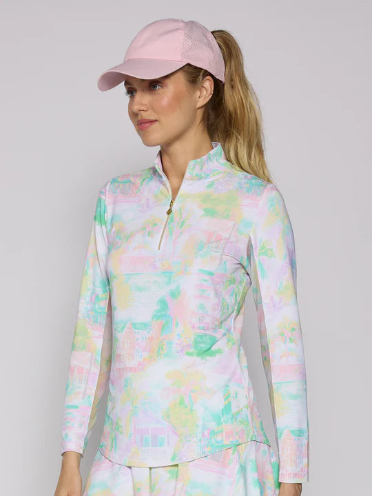 G Lifestyle Long Sleeve Print Zip Mock Neck Top - Pastel Village